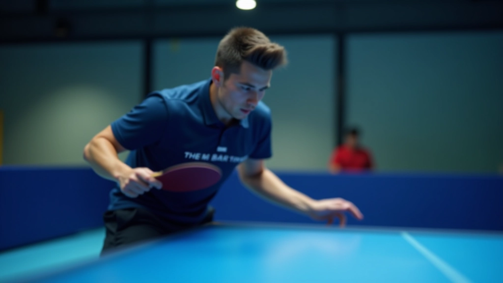 لاعب تنس طاولة يقوم بضربة دائرية قوية في قاعة مخصصة